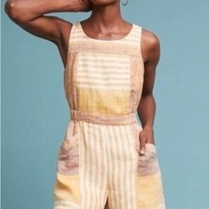 Anthropologie Ett:Twa Wesley Linen Romper Yellow Striped Playsuit, Sz 10